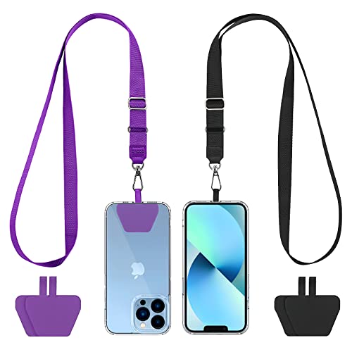 CACOE Phone Lanyard 2 Pack-2× Adjustable Neck Strap 4× Phone Patches Universal Crossbody Phone Lanyards Multifuctional Patch Phone Polyester Lanyards Compatible with Most Smartphones(Black+Purple)