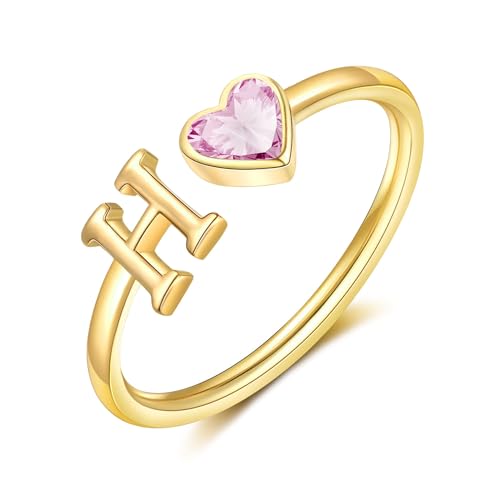 GLEZZA Initial Rings for Women Teen 𝐆𝐢𝐫𝐥𝐬 14K Gold Plated Birthstone Rings Stackable Dainty Letter Rings Birthday Birthstone Jewelry Gifts for Mother Daughter Adjustable Size 5-10(Initial H October)