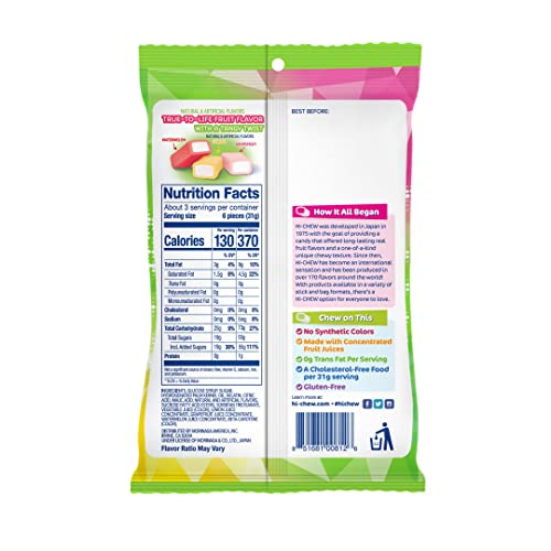 HI-CHEW Sweet & Sour Mix Pack of 6 Bags 3.17oz each | Watermelon Lemon Grapefruit | Unique Fun Soft & Chewy Taffy Candy | Immensely Juicy Fruit Flavors | Individually Wrapped for Sharing | Halloween Favorite