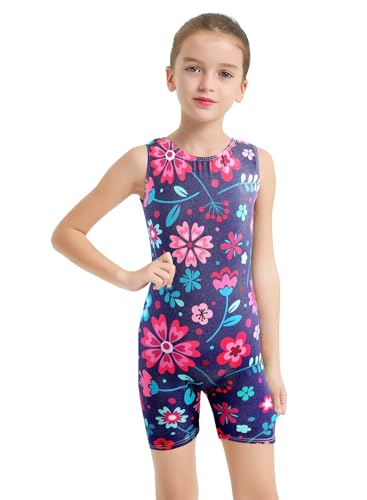 HOZIY Gymnastics Leotards with Shorts for Kids Size 9-10 8-9 8-10 Years Tumbling Outfits Biketard Navy Blue Flower Floral Dance Clothing