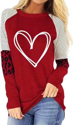 TIXOM Womens Love Heart Graphic Shirt Valentine's Day Leopard Stripe Splicing Long Raglans Sleeve Tee Couple Matching Gift Tops(XXL Red-G)