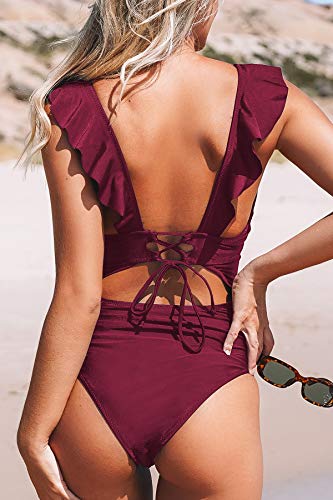 CUPSHE Women's Red Ruffled Lace Up One Piece Swimsuit L