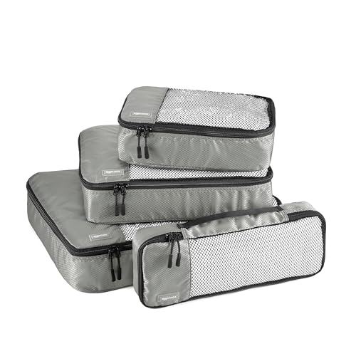 Amazon Basics Lightweight Travel Packing Cubes 4-Pc Set | Double Zippers, Mesh Top, Durable Polyester Gray