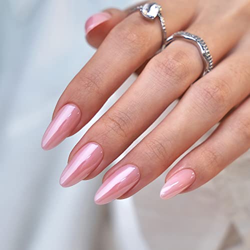Press On Nails Almond - BTArtbox Soft Gel Press on Nails Pink Chrome Nails Light Weight & Fit Perfectly Natural Fake Nail with Nail Glue Medium Glue On Nails in 15 Sizes - 30 Nail Kit Lotus Glazed