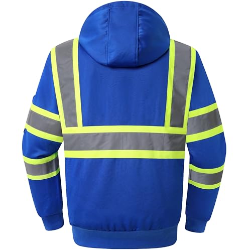 JKSafety Hi-Vis Safety Sweatshirt for men women High Visibility Zip-Up Hooded Sweatshirt Hoodie work utility Reflective Strips with Extended Trims (HS121-Blue XL) HS121-030610-US03