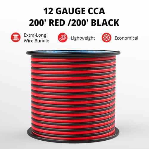 NAOEVO 12 Gauge Wire 200FT 2 Conductors Electrical Wire Red Black Cable Flexible/Low Voltage/PVC 12 AWG Copper Clad Aluminum Extension Cord for Speaker Wire LED Wire Automotive Wire 12V/24V DC