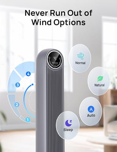 Dreo Tower Fan for Bedroom 25ft/s Velocity Quiet Floor Fan 90° Oscillating Fans for Indoors with 4 Speeds 4 Modes 8H Timer Bladeless Fan Standing Fans Grey Nomad One (DR-HTF007)