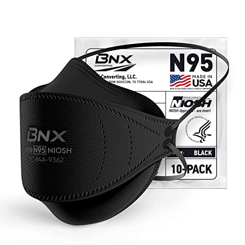 BNX N95 Mask Black NIOSH Certified MADE IN USA Particulate Respirator Protective Face Mask Tri-Fold Cup/Fish Style (10-Pack Approval Number TC-84A-9362 / Model F95B) (Headband) Black