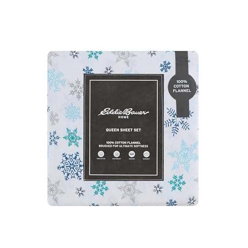 Eddie Bauer Queen Flannel Sheet Set - Warm, Breathable Cotton, Deep Pockets, Soft & Cozy, Oeko-Tex Certified Tossed Snowflake