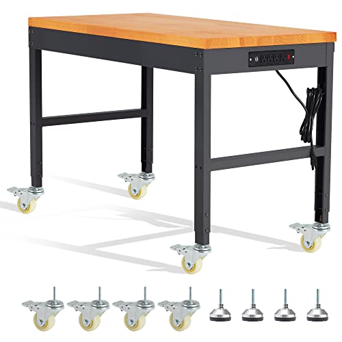 HABUTWAY Height Adjustable Workbench with Wheels 48\" x 24\" 2000 Lbs Capacity Oak Wood Work Station Heavy-Duty Rolling Work Benches for Garage Party Shop Office