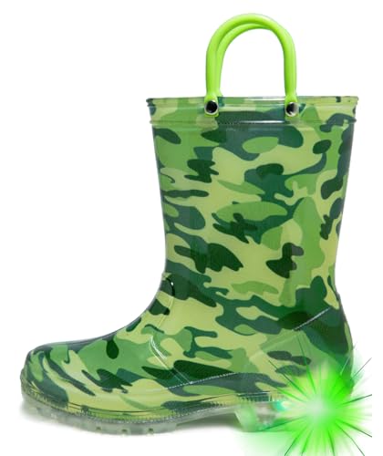 HugRain Toddler Boys Rain Boots Little Kids Baby child Light Up Waterproof Rubber Shoes Camo Printed Mud Lightweight Adorable with Easy-On Handles Non Slip Sole Green Size 7