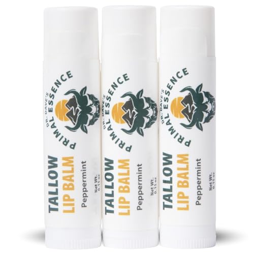 Dr. Dave's Primal Essence Moisturizing Tallow Lip Balm - Nourishing and Soothing Grass Fed Beef Tallow with Organic Coconut Oil Beeswax and Vitamin E - Peppermint Lip Balm 3-Pack