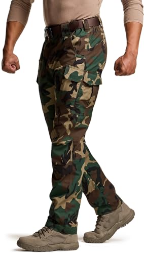 CQR Men's Tactical Pants Water Resistant Ripstop Cargo Pants Lightweight EDC Work Hiking Pants Outdoor Apparel Duratex Mag Pocket Woodland Olive 32W x 32L