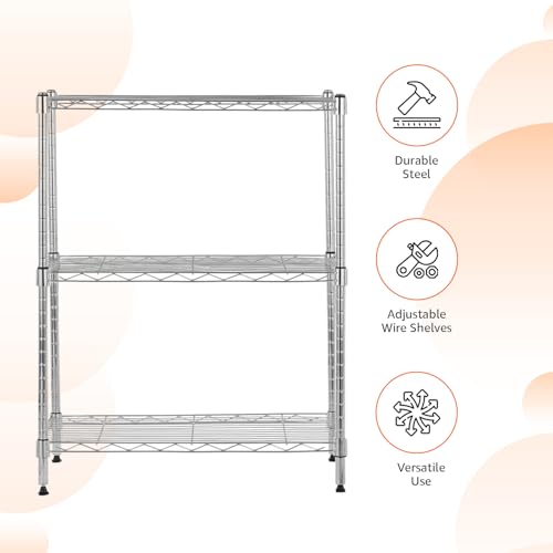 Amazon Basics 3-Shelf Adjustable Heavy Duty Storage Shelving Unit (250 lbs Loading Capacity per Shelf) Steel Organizer Wire Rack 23.2\" L x 13.4\" W x 30\" H Chrome