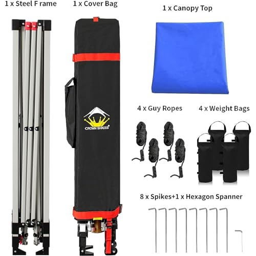 CROWN SHADES 10x10 Pop Up Canopy Patented Center Lock One Push Instant Popup Outdoor Canopy Tent Newly Designed Storage Bag 8 Stakes 4 Ropes Blue