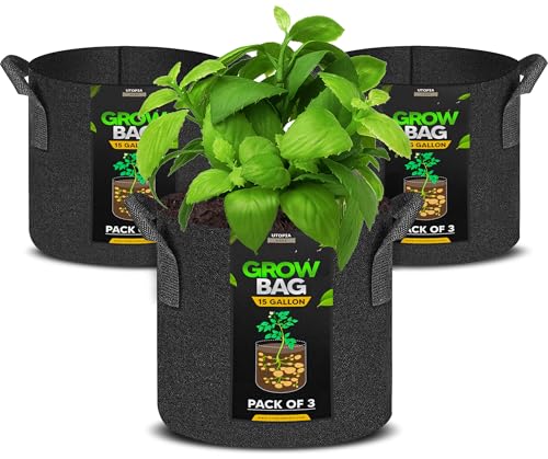 Utopia Home 3 Pack 15 Gallon Grow Bags 300G Thickened Nonwoven Plant Fabric Pots for Outdoor Grow Pots Garden Plant Bags Aeration Fabric Planter Bags for Fruits Vegetables and Flowers