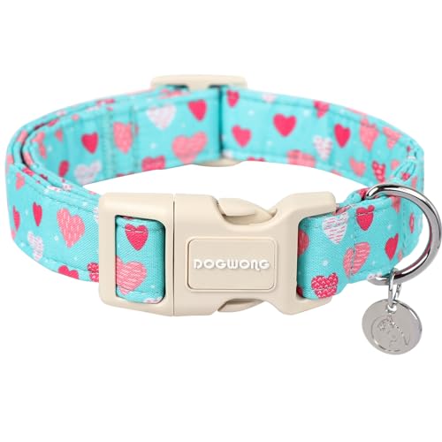DOGWONG Valentine's Day Dog Collar - Blue Heart Adjustable Cotton Heart Dog Collar - Perfect Dog Collar for Small Medium Large Dogs