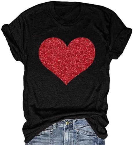 Beopjesk Womens Valentine's Day Graphic Tees Short Sleeve Heart Printed Shirts Blouse Tops(CD-Black XXL)