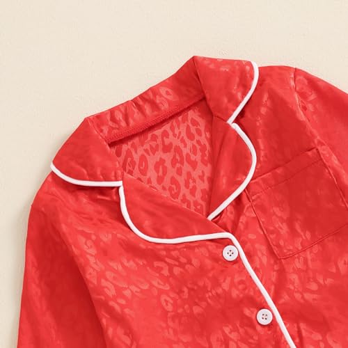 Ayalinggo Toddler Kids Baby Girl Solid Pjs Ruffle Long Sleeve Button Shirt Top and Pants Cotton 2Piece Pajamas Set (Leopard red 1-2 Years)