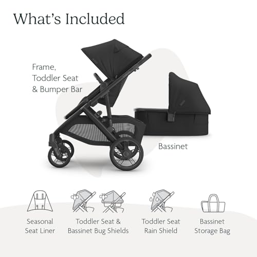 UPPAbaby Vista V3 Stroller + Bassinet V3 - Convertible Single-To-Double Stroller System- Bassinet Toddler Seat Bug Shield Rain Shield Included - Jake (Charcoal/Carbon Frame/Black Leather)