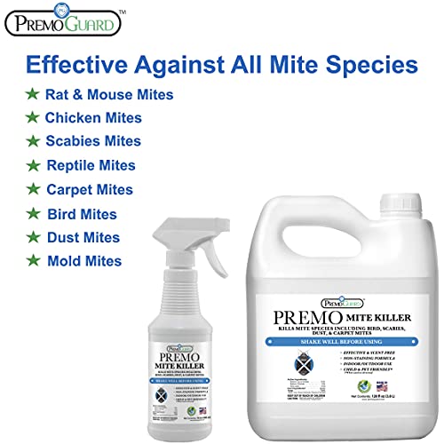 Mite Killer Spray by Premo Guard – 128 oz – Treatment for Dust Spider Bird Rat Mouse Carpet and Scabies Mites – Fast Acting 100% Effective – Child & Pet Safe – Best Natural Non-Toxic Formula