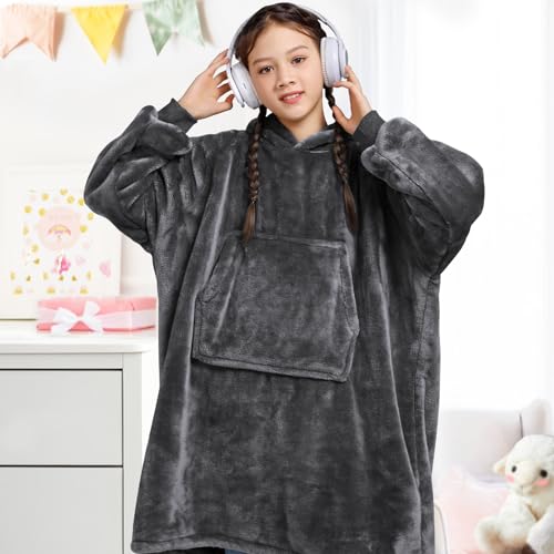 Waitu Wearable Blanket for Kids Cozy Wearable Blanket Hoodie for Teens Girls and Boys Warm Hoodie Blanket Sweatshirt Gift for Teenage Gray