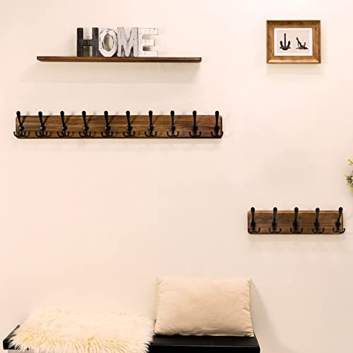 SKOLOO Coat Rack Wall Mounted - Pack of 2 Wooden Heavy Duty Rustic Coat Hooks for Wall 16'' Hole to Hole Wall Coat Rack with 5 Triple Hooks for Hanging Clothes Jacket Hat(Brown)