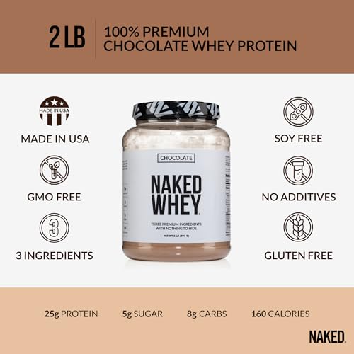 Naked Whey Chocolate Protein Powder - Only 3 Ingredients - Grass Fed Whey Protein Powder Organic Chocolate and Organic Coconut Sugar No GMO No Soy and Gluten Free - 24 Servings