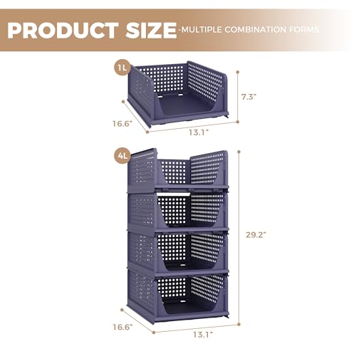 Pinkpum Stackable Plastic Storage Basket Foldable Closet Organizers and Storage Bins 4 Pack Drawer Shelf Storage Container for Wardrobe Kitchen Bathroom Office Dorm Navy Blue