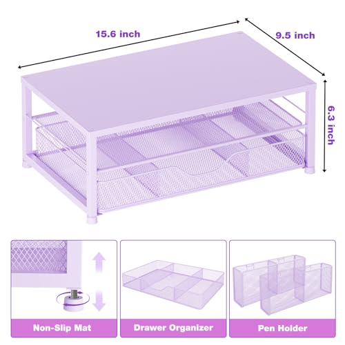 OPNICE Desk Organizers and Accessories 2-Tier Computer Monitor Stand for Desk Organizer with Drawer and 2 Pen Holders Office Desk Accessories Workspace Desktop Organizers for Office Supplies Purple
