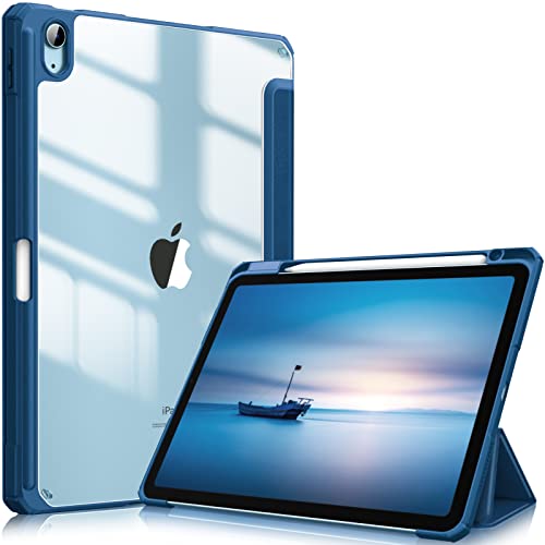 Fintie Hybrid Case for iPad Air 5th Generation 2022 / iPad Air 4th Generation 2020 10.9 Inch with Pen Holder - Shockproof Protective Case with Transparent Hard Shell on The Back Blue