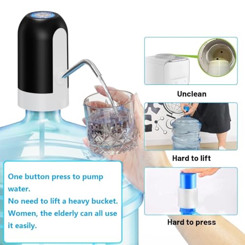 Myvision Automatic Drinking Water Pump USB Charging Portable Electric Water Dispenser Switch for Universal 5 Gallon Bottle - Black