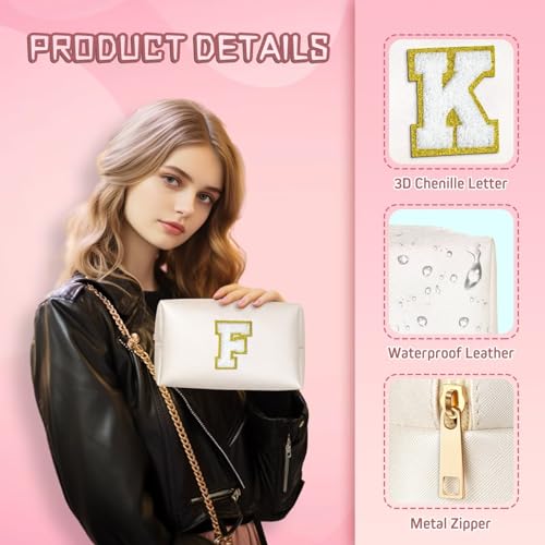 TOPEAST Cosmetic Travel Bags for Women Preppy Small Makeup Bag PU Leather Waterproof Toiletry Bag Unique Friendship Gifts for Friends Coworker Cute Stuff for Teen Girls (White R)