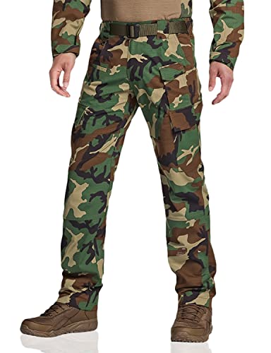 CQR Men's Flex Ripstop Tactical Pants Water Resistant Stretch Cargo Pants Lightweight EDC Hiking Work Pants Woodland Olive - Dura Flex Print 36W x 32L