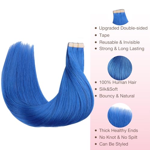 GOO GOO Tape in Hair Extensions Human Hair Blue 20inch 30g 10pcs Colored Tape ins Human Hair Extensions Silky&Soft Invisible Tape Ins Hair Highlighted for Party