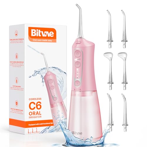 Bitvae C6 Water Flosser Teeth Picks Portable Cordless Oral Irrigator IPX7 Waterproof Braces Flossers Cleaner 5 intensities 6 Jet Tips USB Rechargeable Water Dental Picks for Cleaning Pink