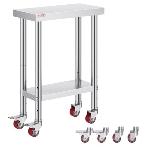 Mophorn Stainless Steel Work Table with Wheels 24 x 12 x 32 Inch Prep Table with 4 Casters Heavy Duty Work Table for Commercial Kitchen Restaurant Business