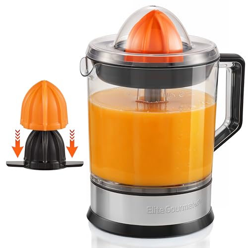 Elite Gourmet ETS740 BPA-Free Electric Citrus Juicer with 2 Cones Compact Large Volume Pulp Control Oranges Lemons Limes Grapefruits with Easy Pour Spout 1.2L Black/Stainless Steel