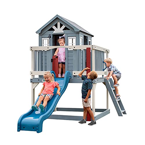 Backyard Discovery Beacon Heights Elevated Cedar Playhouse Play Kitchen Powered Blender Working Bell 6 ft Wave Slide Wrap-Around Deck Flat Step Ladder Growth Chart
