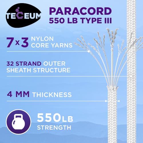 TECEUM Utility Nylon Rope White – 50 ft– 4mm – Heavy Duty Rope – Tent Cord – Outdoor Сamping Rope –Camping Hiking Gear and Equipment – EDC Cord – Strong Survival Rope 007b
