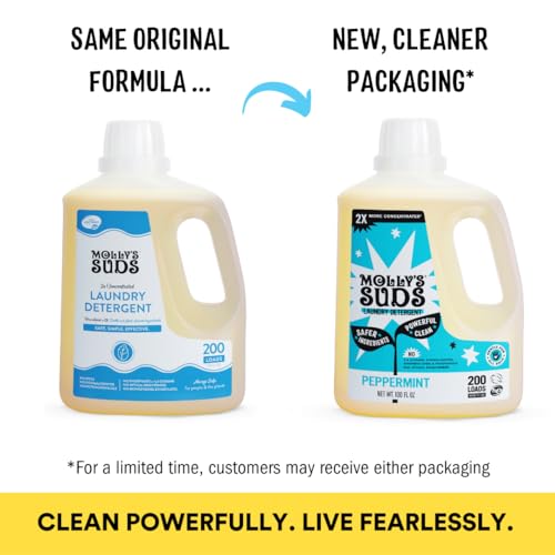 Molly's Suds Liquid Laundry Detergent | Clean Laundry Detergent Soap for Sensitive Skin | 2x Concentrated High Efficiency (HE) (Peppermint - 200 Loads)