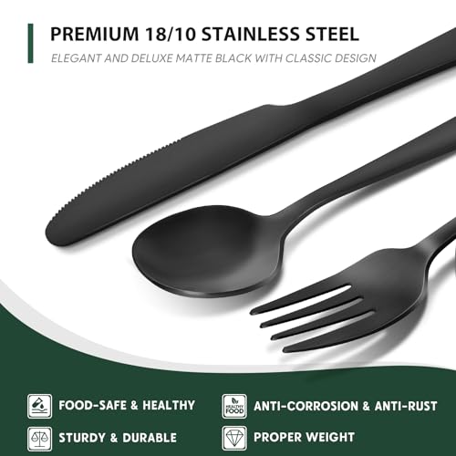 Hiware 48-Piece Matte Black Silverware Set with Steak Knives Black Flatware Set for 8 Stainless Steel Tableware Cutlery Set Utensil Sets for Kitchen