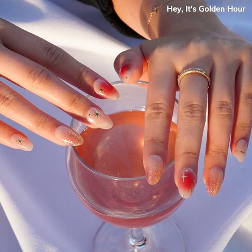 Heyhae Semi Cured Gel Nail Strips | No LED Lamp Needed | Ombre Gold Spring | Easy Apply & Remove Salon Quality | Includes 28 Strips 1 Prep Pads Nail File & Wooden Stick - Hey It's Golden Hour