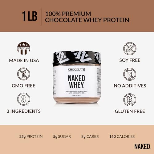 Chocolate Naked Whey Protein 1LB - All Natural Grass Fed Whey Protein Powder Organic Chocolate and Coconut Sugar - No GMO No Soy and Gluten Free Aid Growth and Recovery - 12 Servings