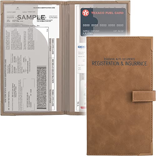 Auto Insurance and Registration Card Holder - Vehicle Glove Box Document Organizer - Car Essential Paperwork Holder for DMV AAA Contact Information Cards - Premium PU Leather Wallet Case - Brown