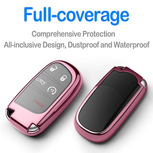 Leather Key Fob Cover for Jeep Chrysler Dodge RAM Fiat - Soft TPU Protection with Keychain Rose Pink