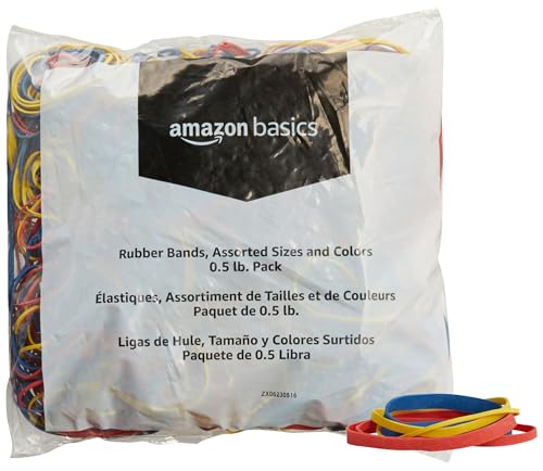 Amazon Basics Rubber Bands, 0.5 lb, Assorted Sizes & Colors