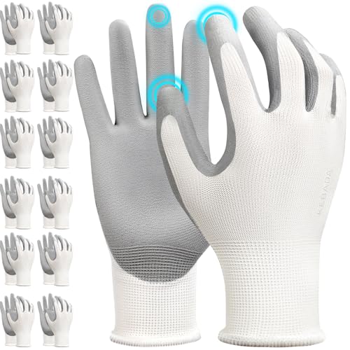 Kebada W1 Work Gloves for Men and Women Light Duty Touchscreen Working Gloves with Grip 12 Pairs Thin Mechanic Gloves PU Coated Gardening Gloves White Large