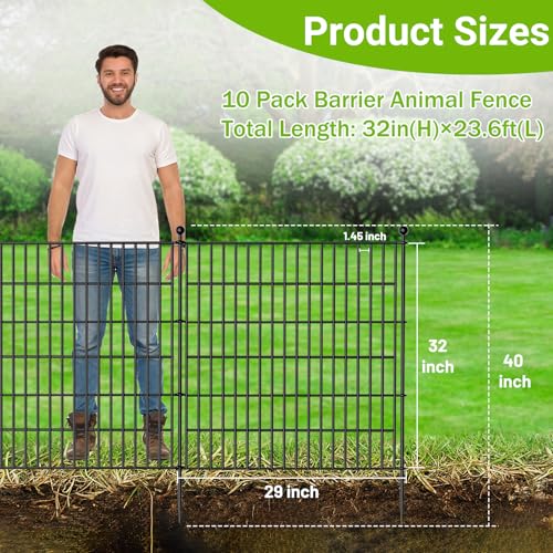 10 Panels No Dig Decorative Outdoor Garden Fence with Gate for Yard 32 in(H) X 23.6 ft(L) Animal Barrier Fencing Rustproof Metal Wire Panel Border for Dog Rabbits and Patio Temporary Ground Stakes