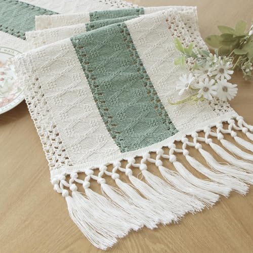 FEXIA Sage Green Table Runner 48 Inches Long Boho Macrame Table Runner for Home Decor Farmhouse Style Table Runner with Tassels for Party Bohemian Rustic Bridal Shower Dining Decor (12x48 Inches)